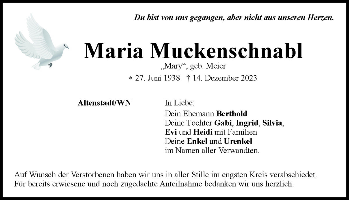 Traueranzeige Maria Muckenschnabl, Altenstadt/WN