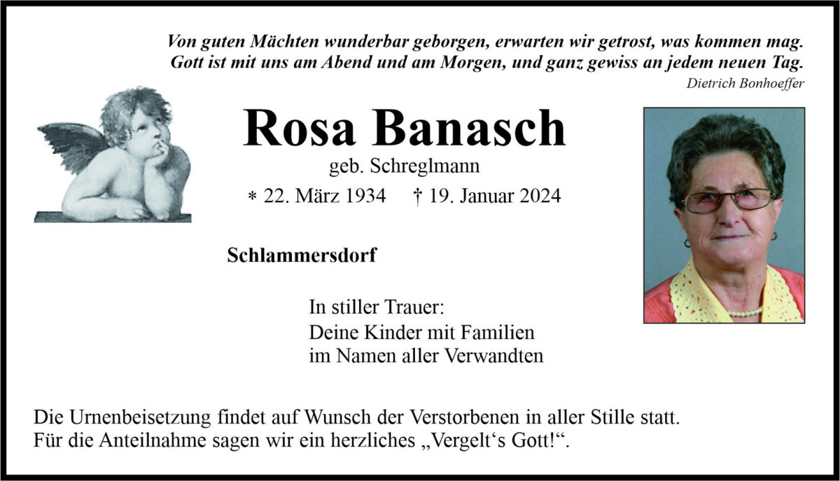 Traueranzeige Rosa Banasch, Schlammersdorf