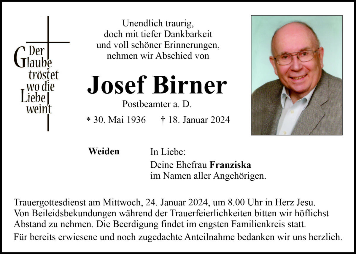 Traueranzeige Josef Birner, Weiden