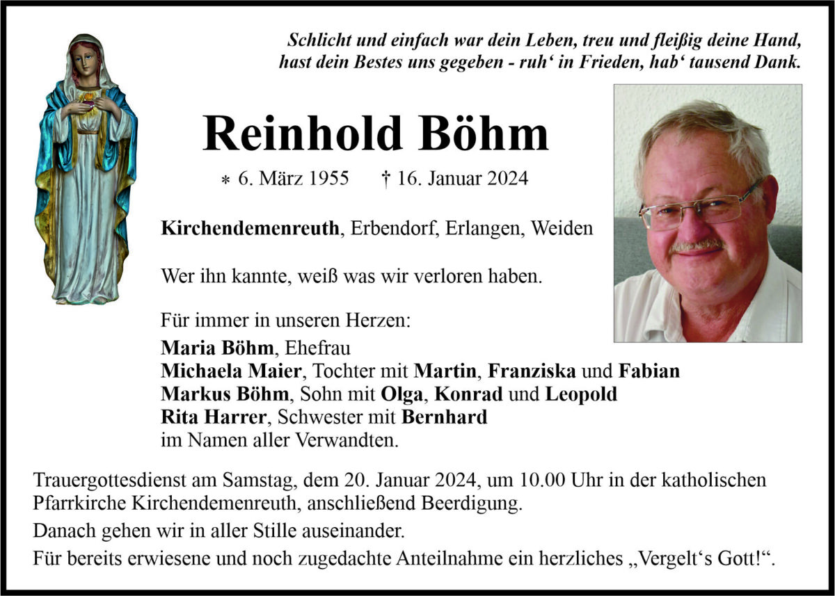 Traueranzeige Reinhold Böhm, Kirchendemenreuth