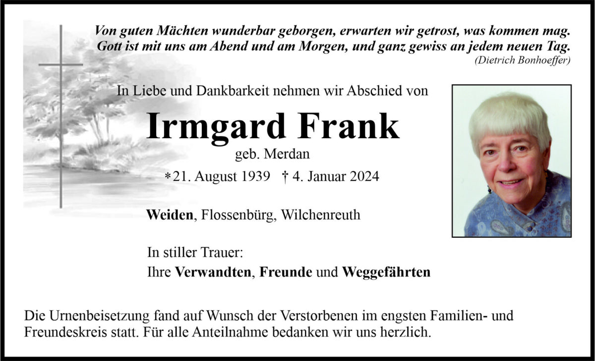 Traueranzeige Irmgard Frank, Weiden