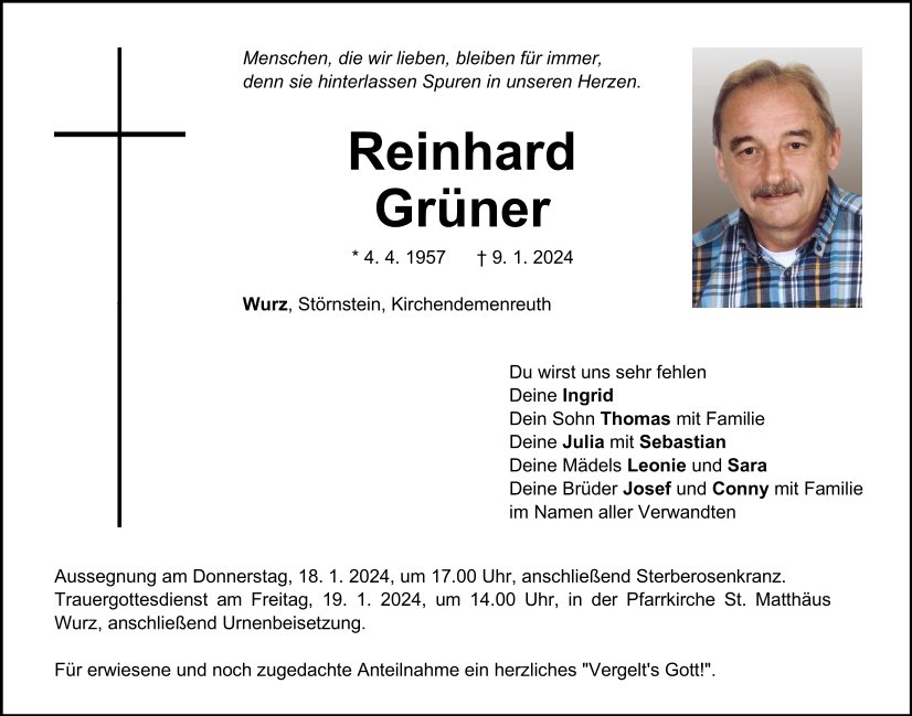 Traueranzeige Reinhard Grüner, Wurz