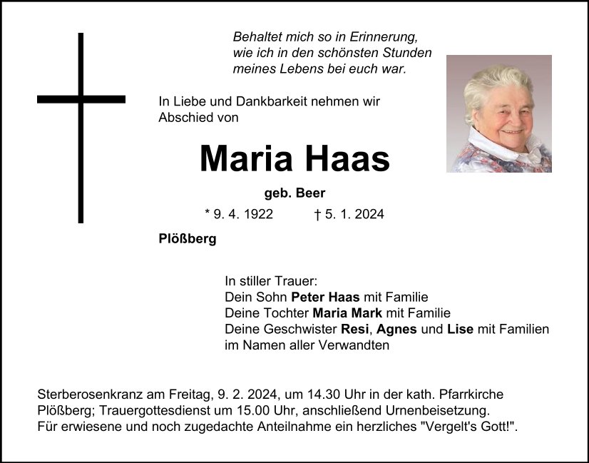 Traueranzeige Maria Haas, Plößberg