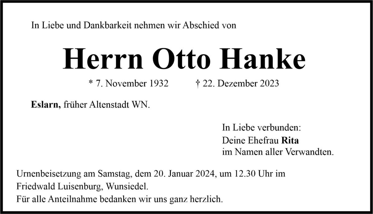 Traueranzeige Otto Hanke, Eslarn