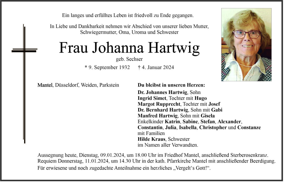 Traueranzeige Johanna Hartwig, Mantel