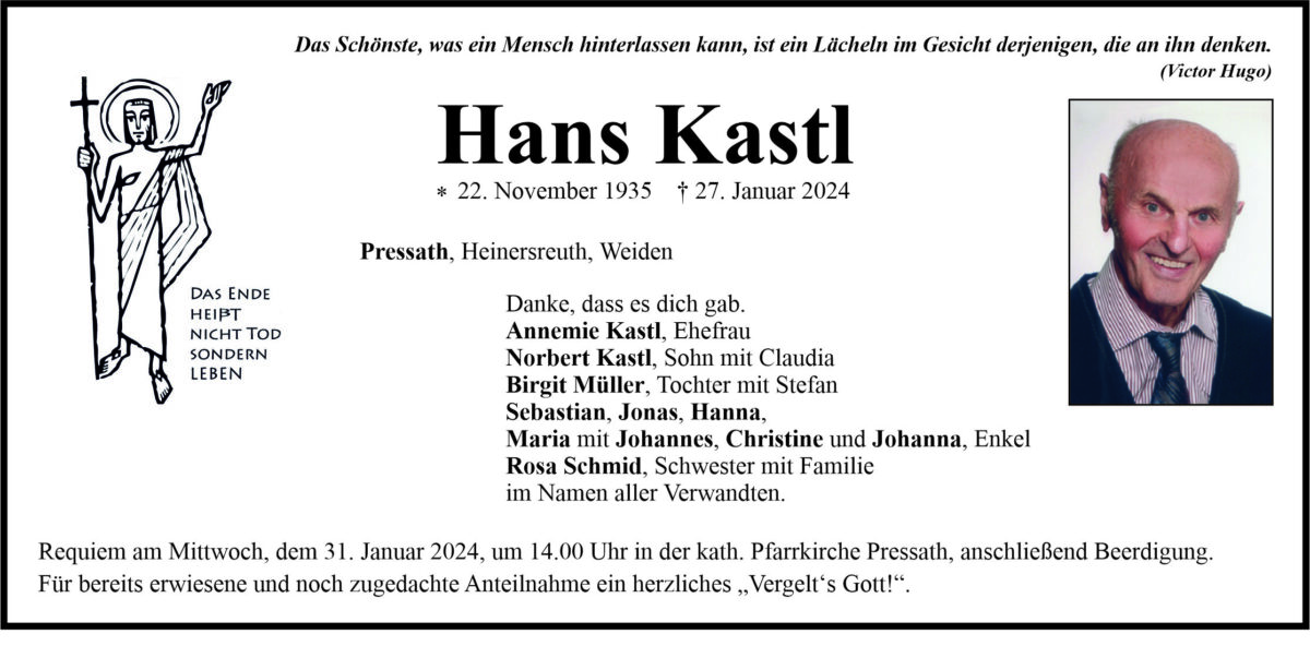 Traueranzeige Hans Kastl, Pressath