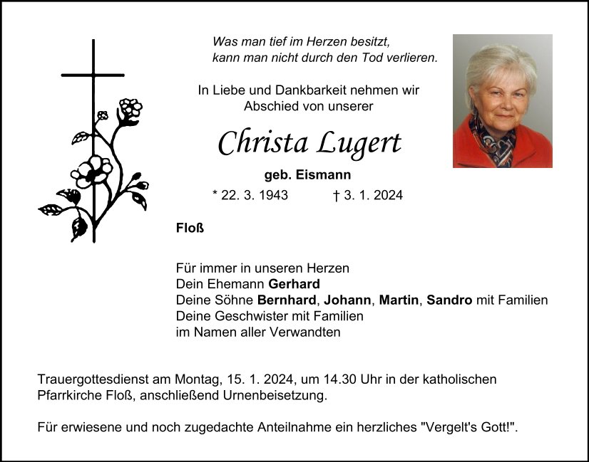 Traueranzeige Christa Lugert, Floß