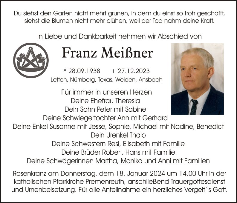 Traueranzeige Franz Meißner, Weiden