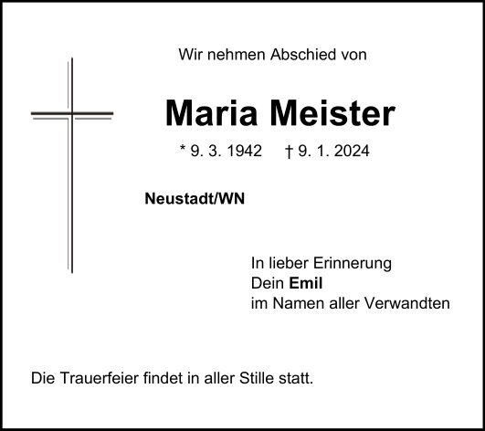 Traueranzeige Maria Meister, Neustadt/WN