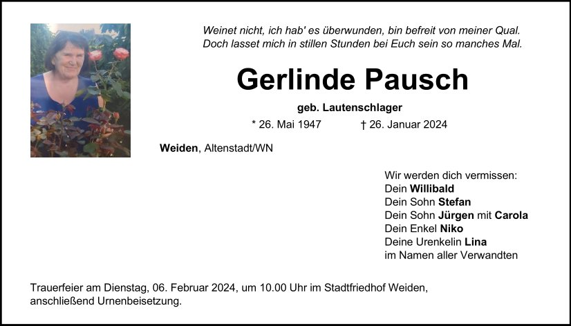 Traueranzeige Gerlinde Pausch, Weiden