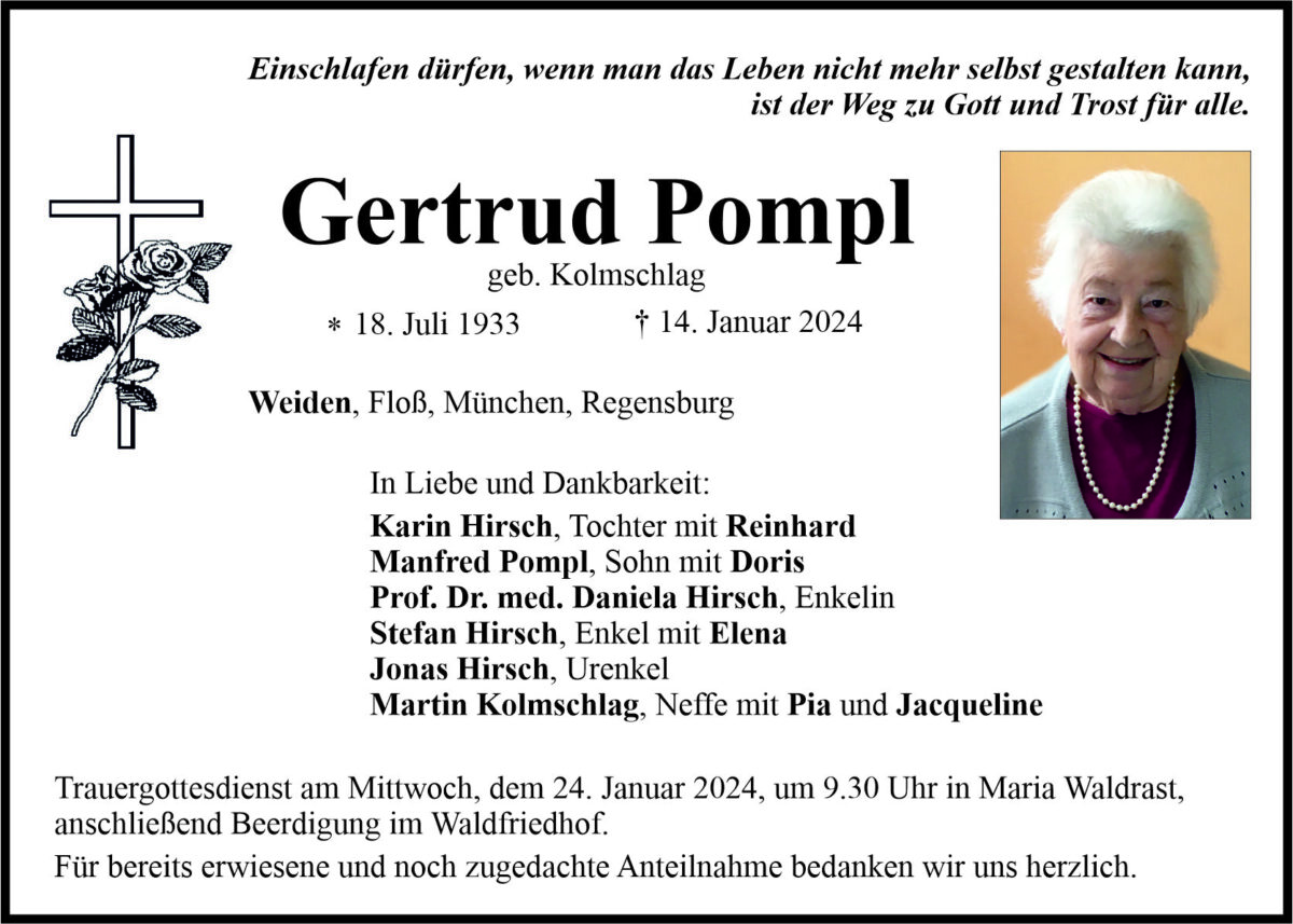 Traueranzeige Gertrud Pompl, Weiden
