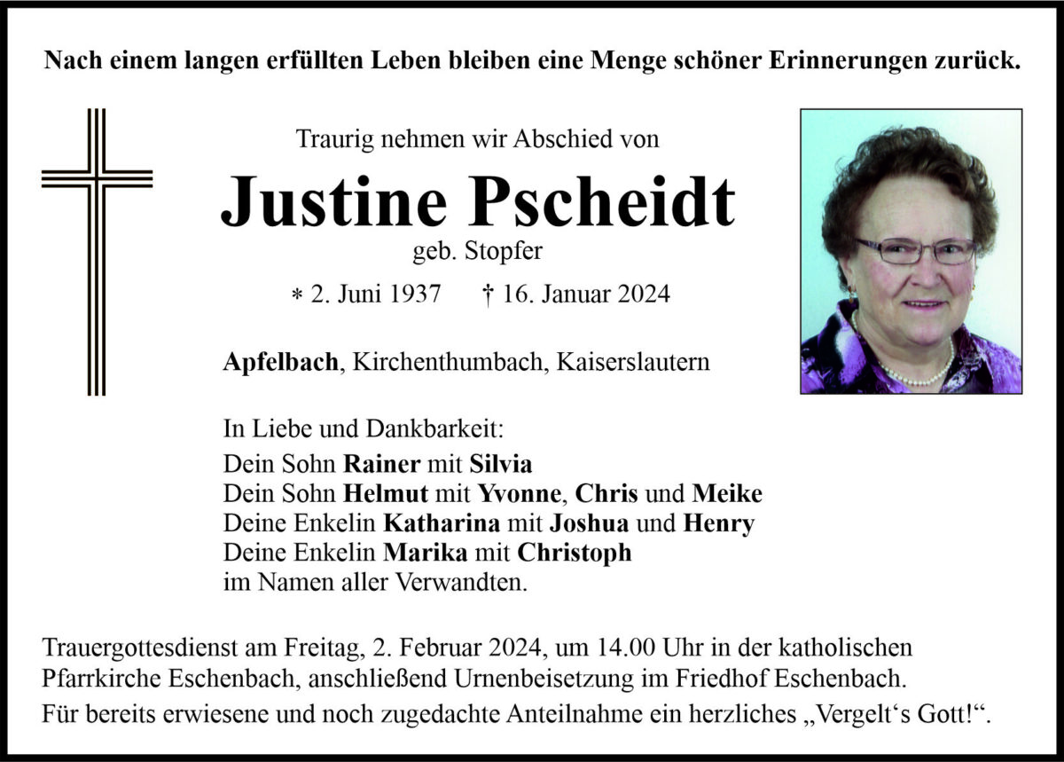 Traueranzeige Justine Pscheidt, Apfelbach