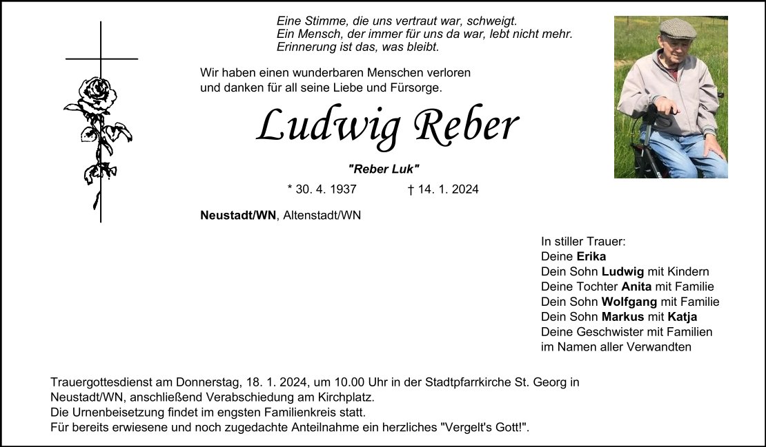 Traueranzeige Ludwig Reber, Neustadt/WN
