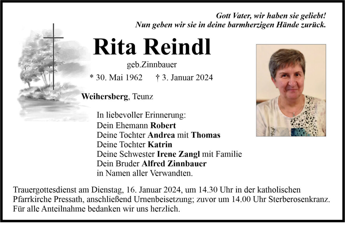 Traueranzeige Rita Reindl, Weihersberg
