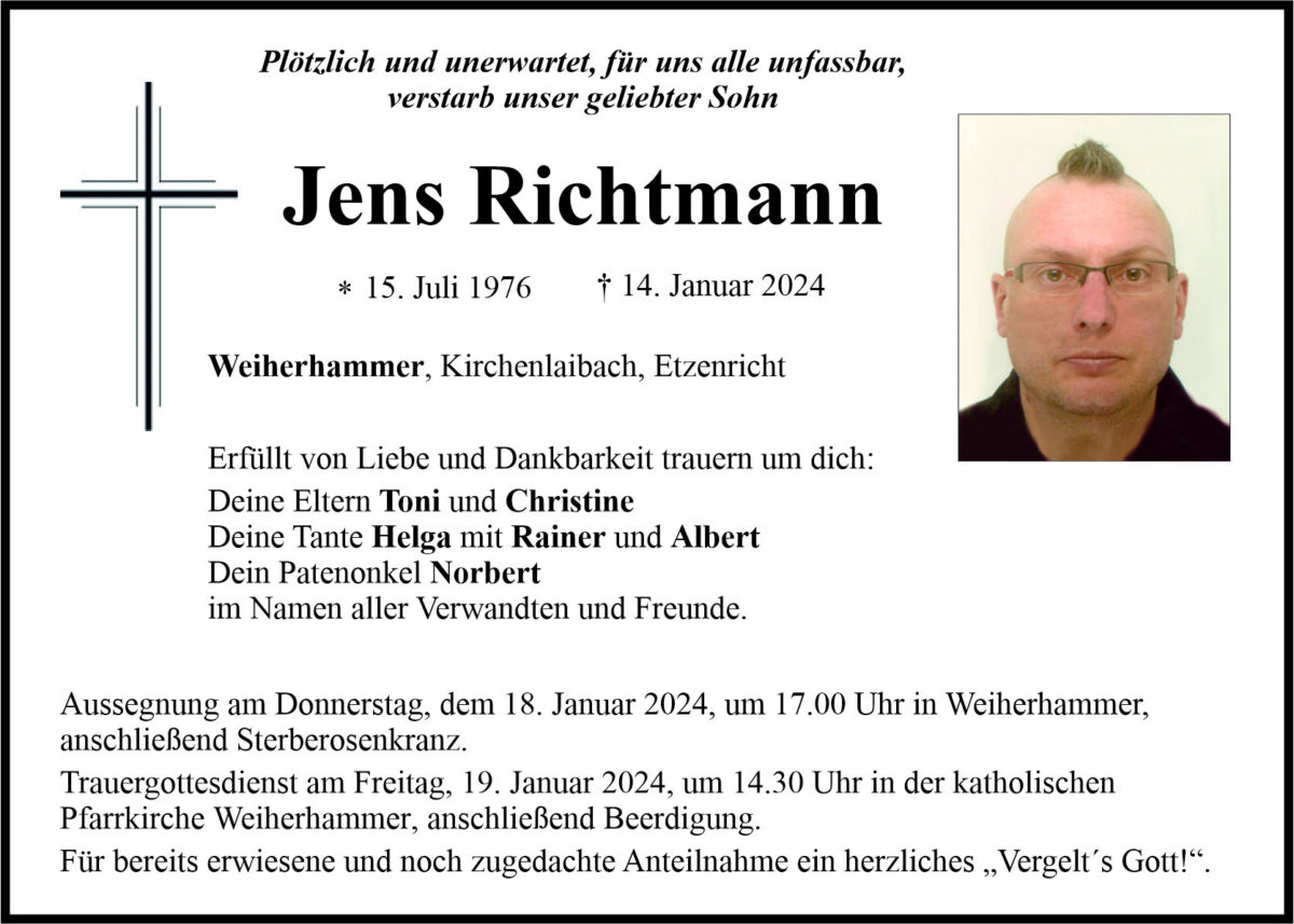 Traueranzeige Jens Richtmann, Weiherhammer