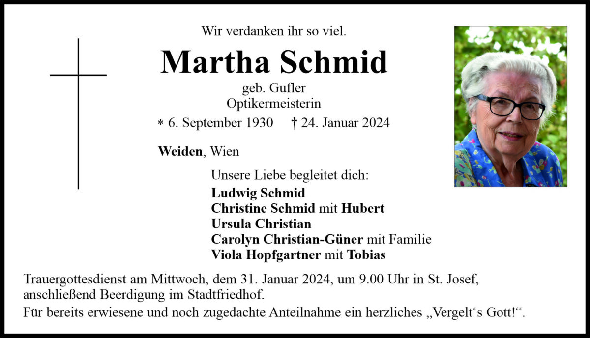 Traueranzeige Martha Schmid, Weiden