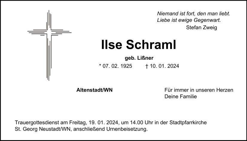 Traueranzeige Ilse Schraml, Altenstadt/WN