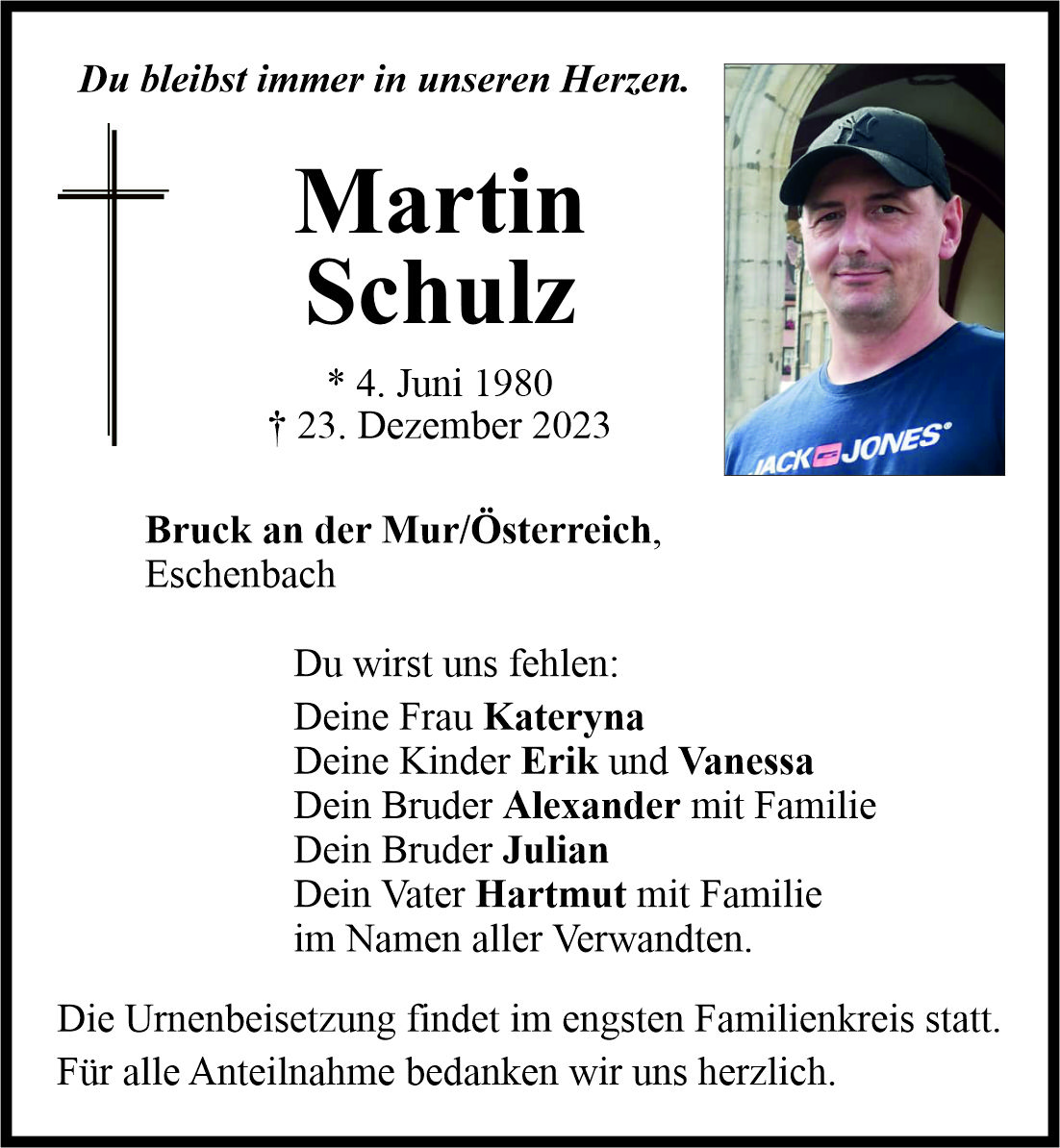 Traueranzeige Martin Schulz, Bruck an der Mur/Österreich