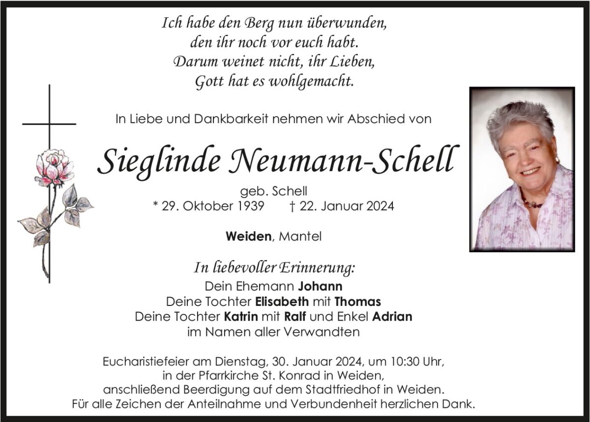 Todesanzeige Sieglinde Neumann-Schell, Weiden