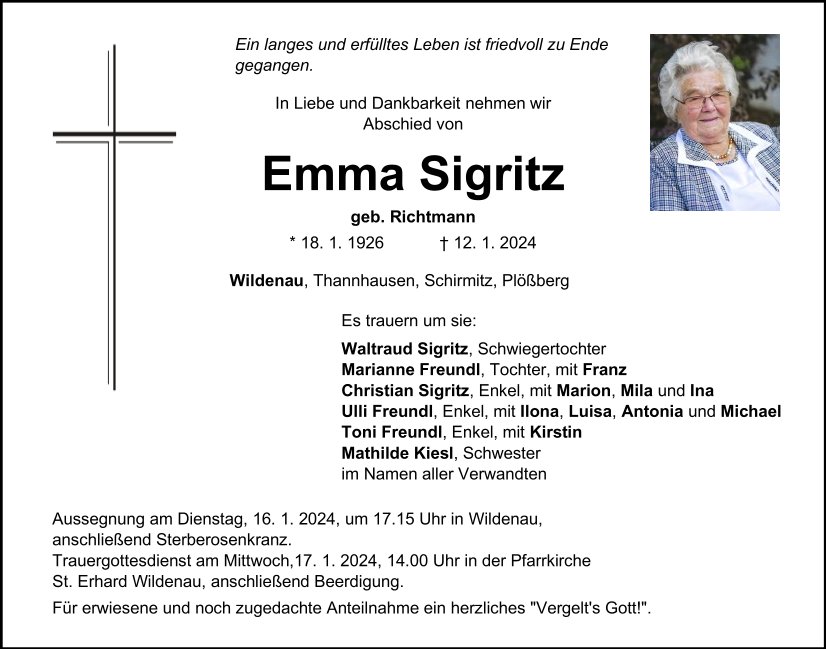 Traueranzeige Emma Sigritz, Wildenau