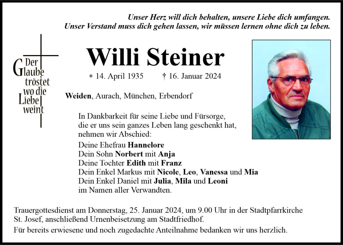 Traueranzeige Willi Steiner, Weiden