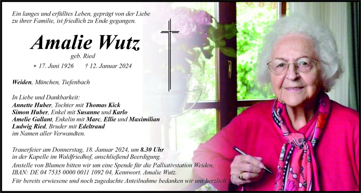 Traueranzeige Amalie Wutz, Weiden