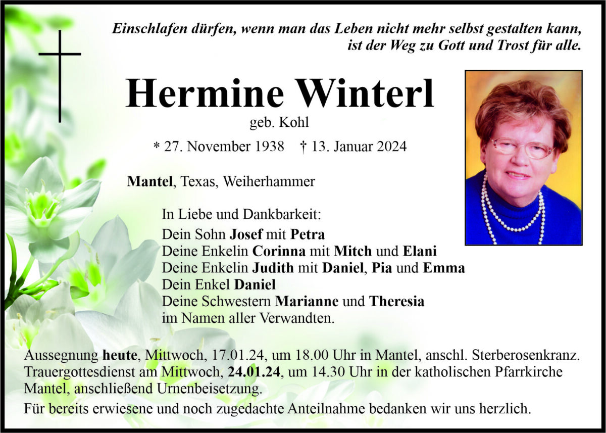 Traueranzeige Hermine Winterl, Mantel