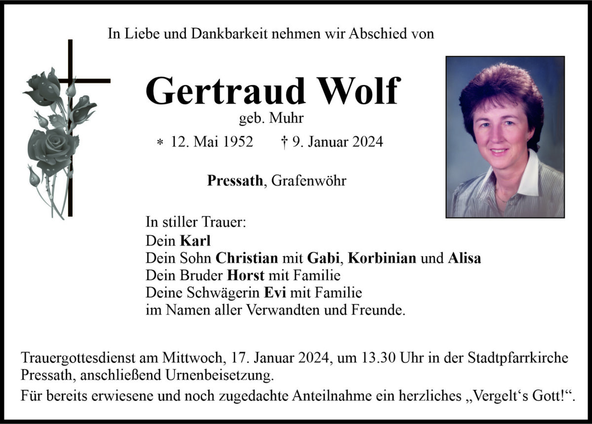 Traueranzeige Gertraud Wolf, Pressath