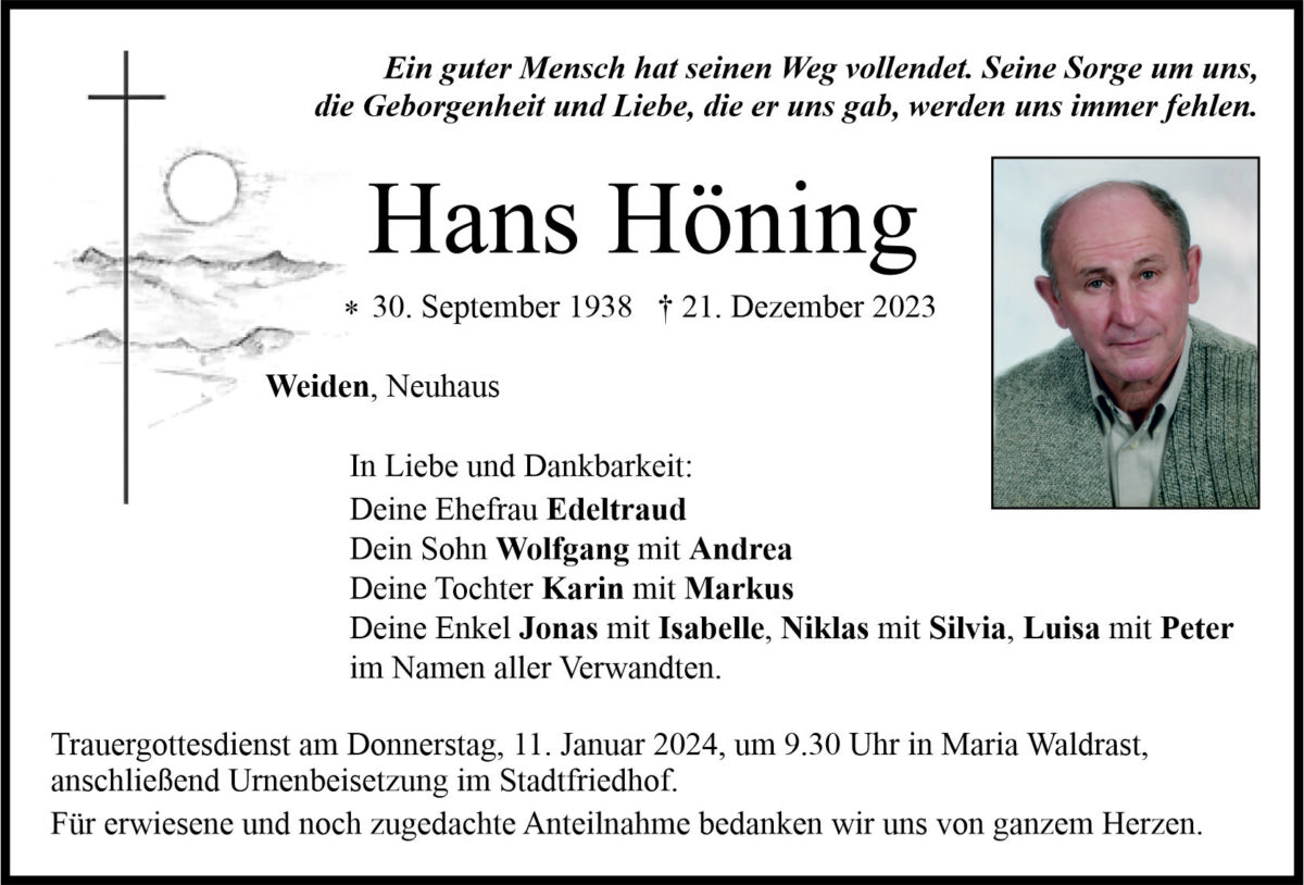 Traueranzeige Hans Höning, Weiden