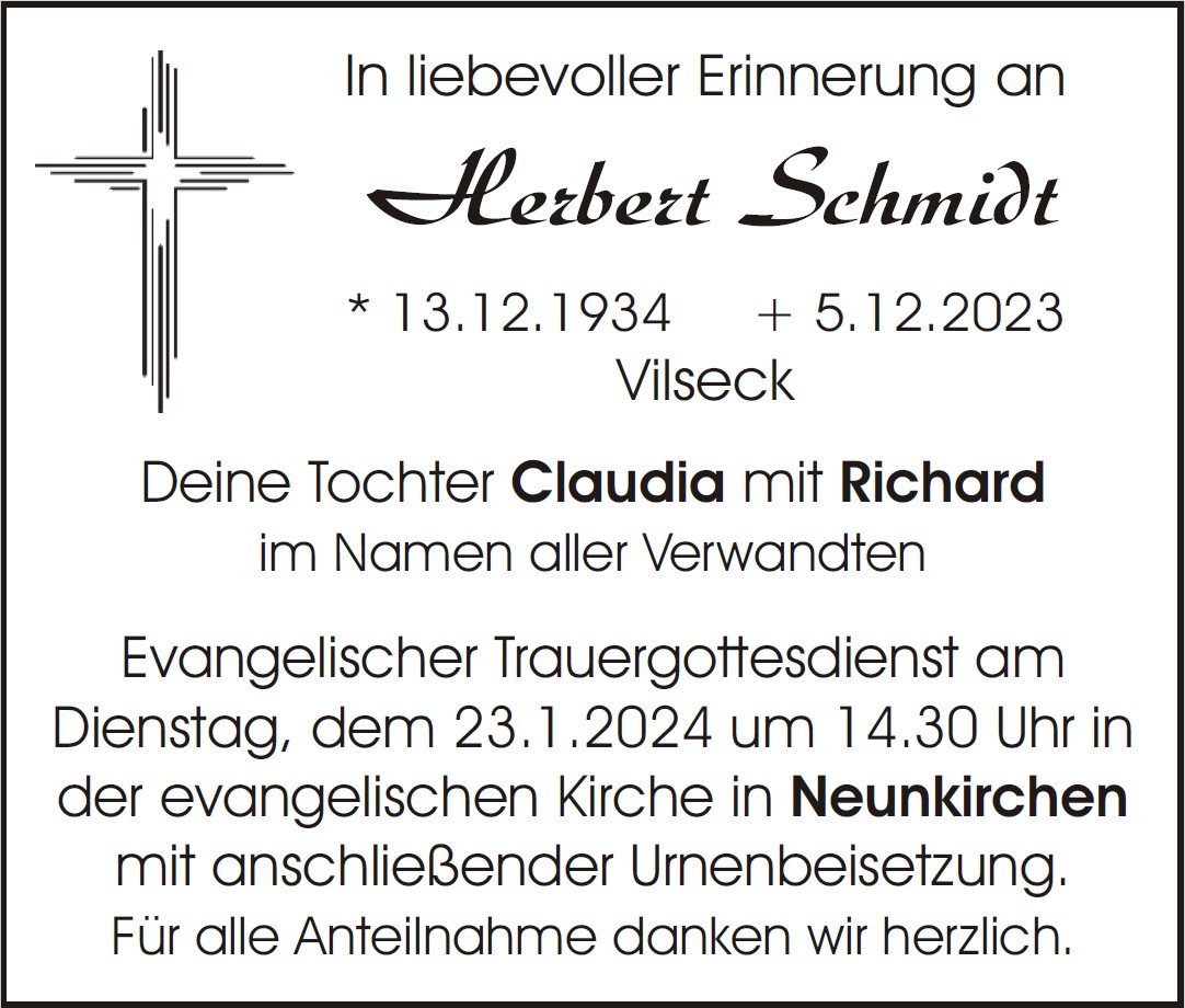 Traueranzeige Herbert Schmidt, Vilseck