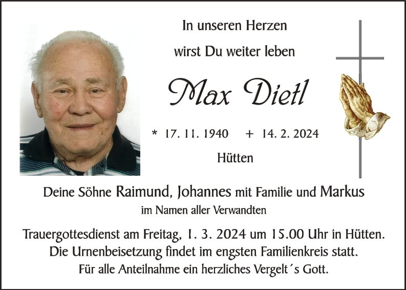 Traueranzeige Max Dietl, Hütten