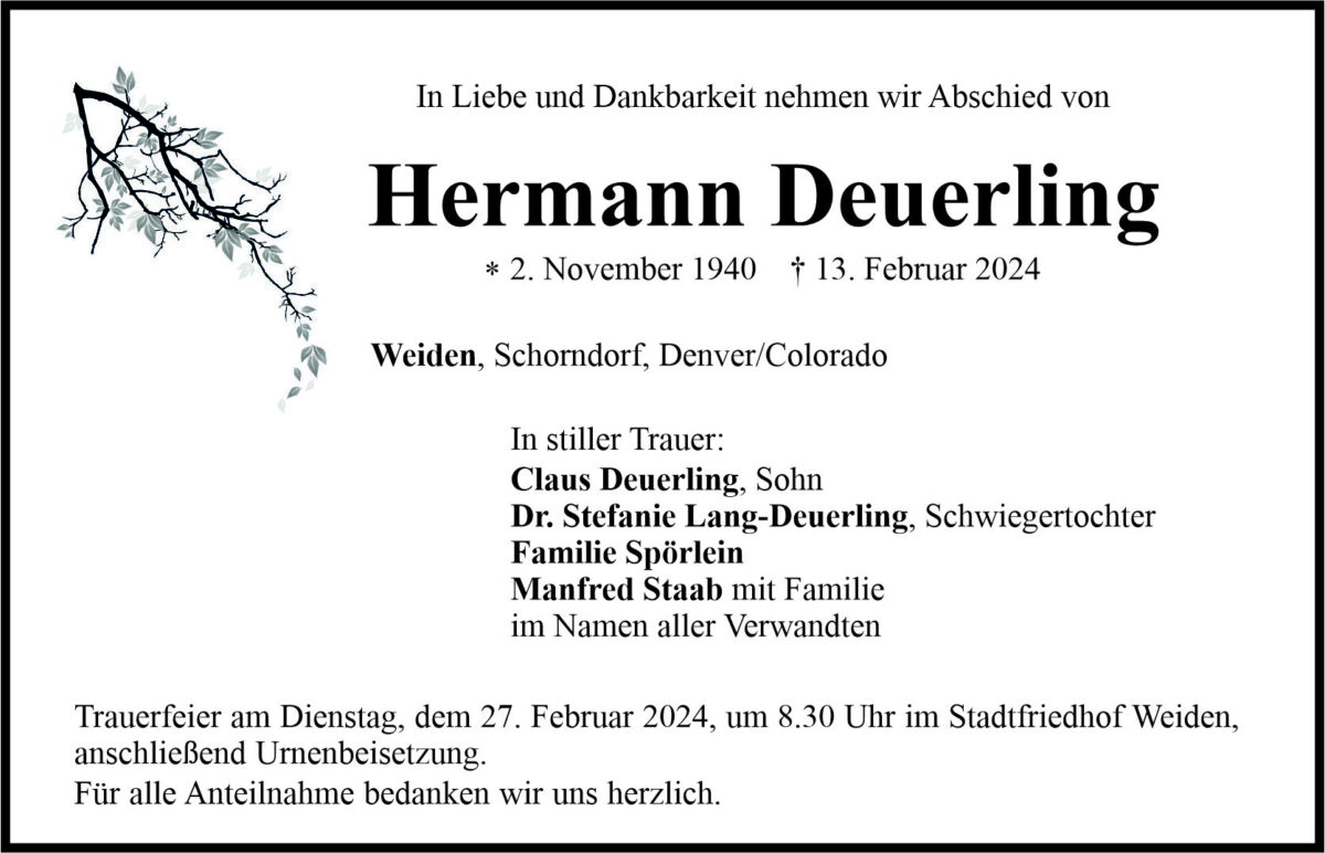 Traueranzeige Hermann Deuerling, Weiden