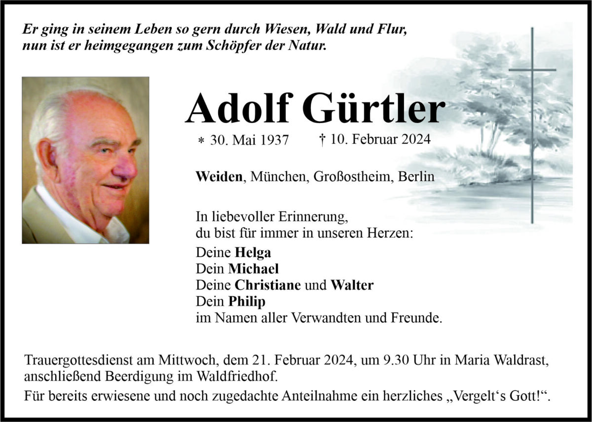 Traueranzeige Adolf Gürtler, Weiden