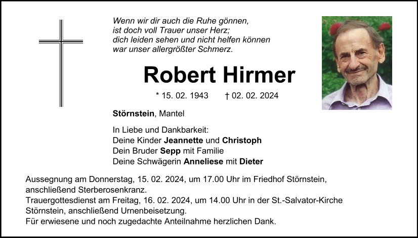 Traueranzeige Robert Hirmer, Störnstein