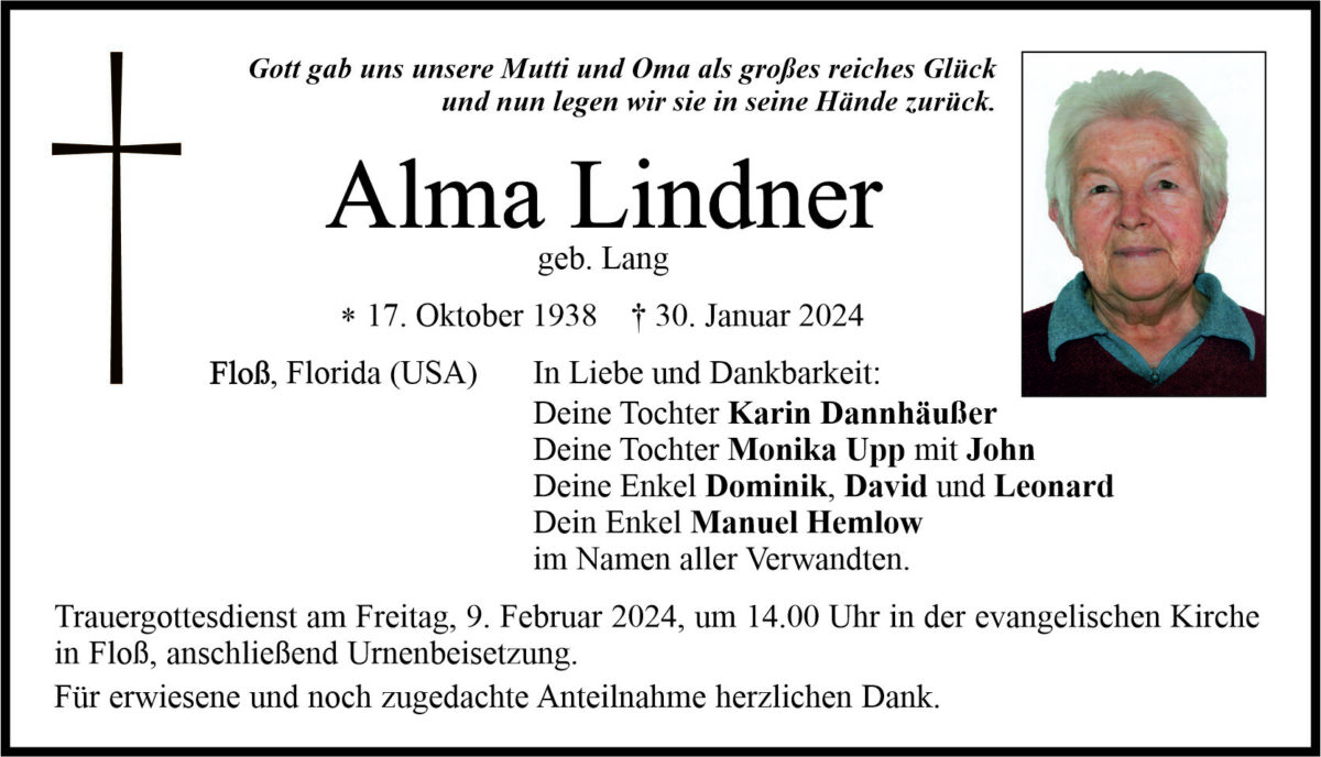 Traueranzeige Alma Lindner, Floß