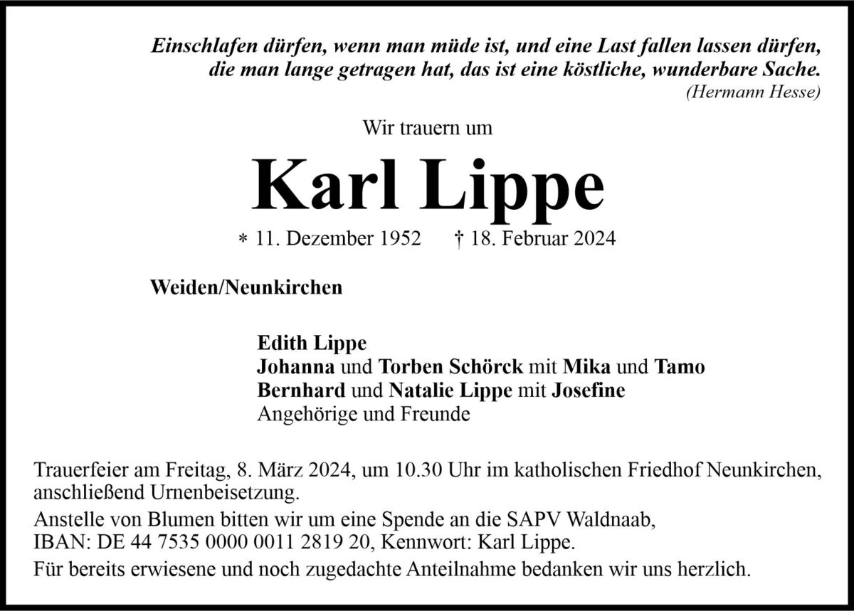 Traueranzeige Karl Lippe, Weiden/Neunkirchen