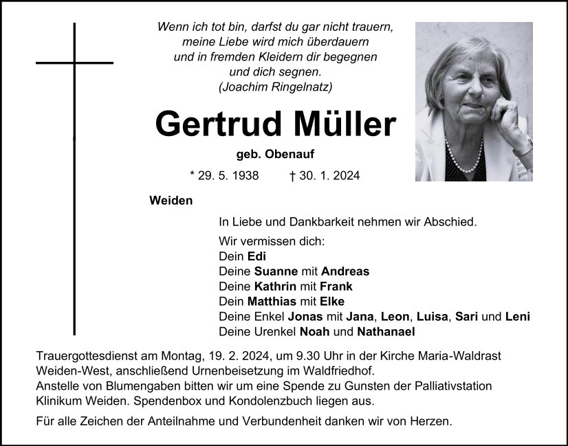 Traueranzeige Gertrud Müller, Weiden