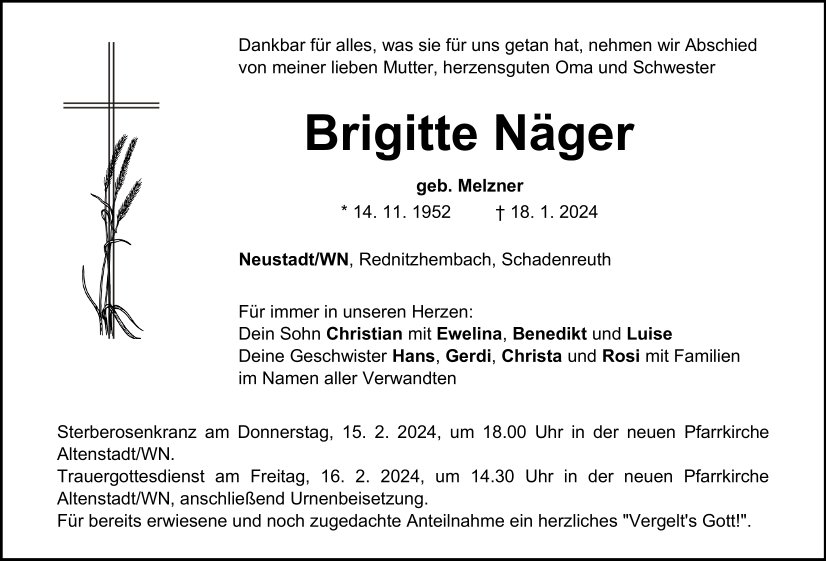 Traueranzeige Brigitte Näger, Neustadt/WN