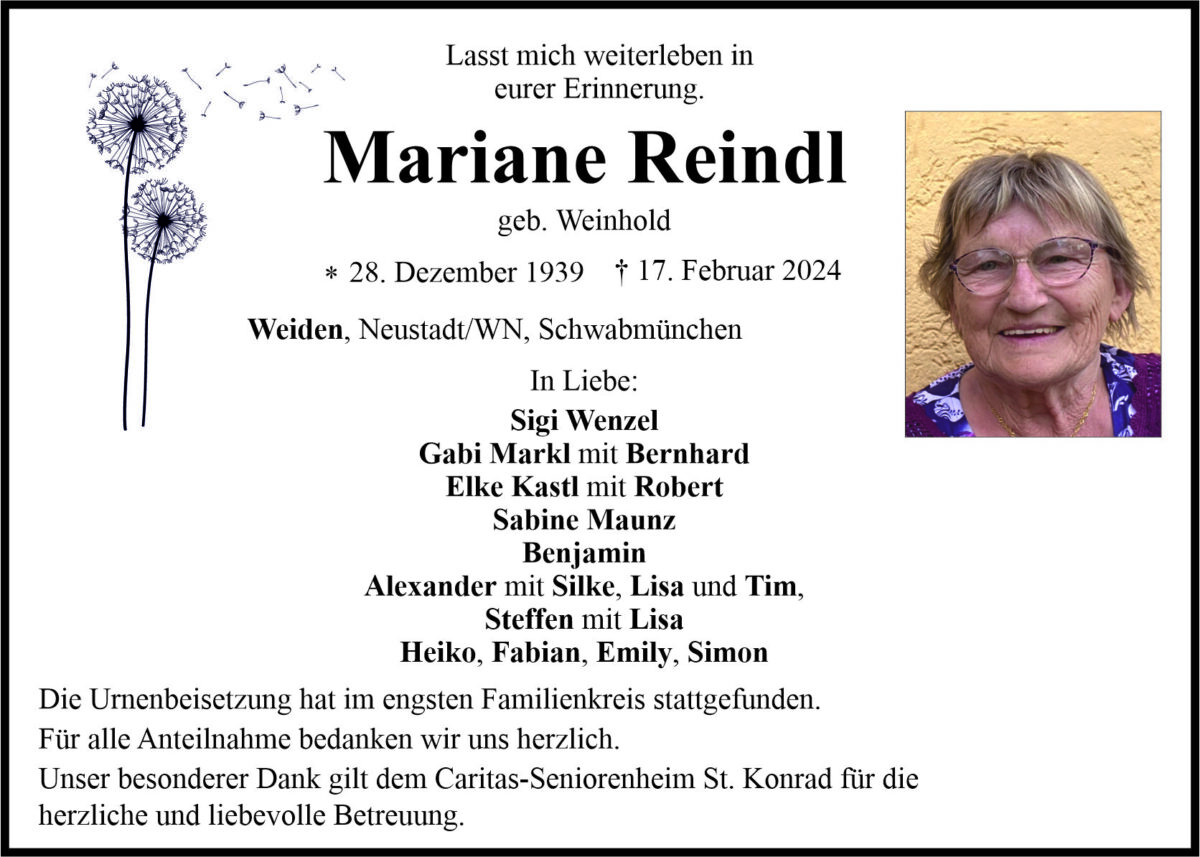 Traueranzeige Mariane Reindl, Weiden