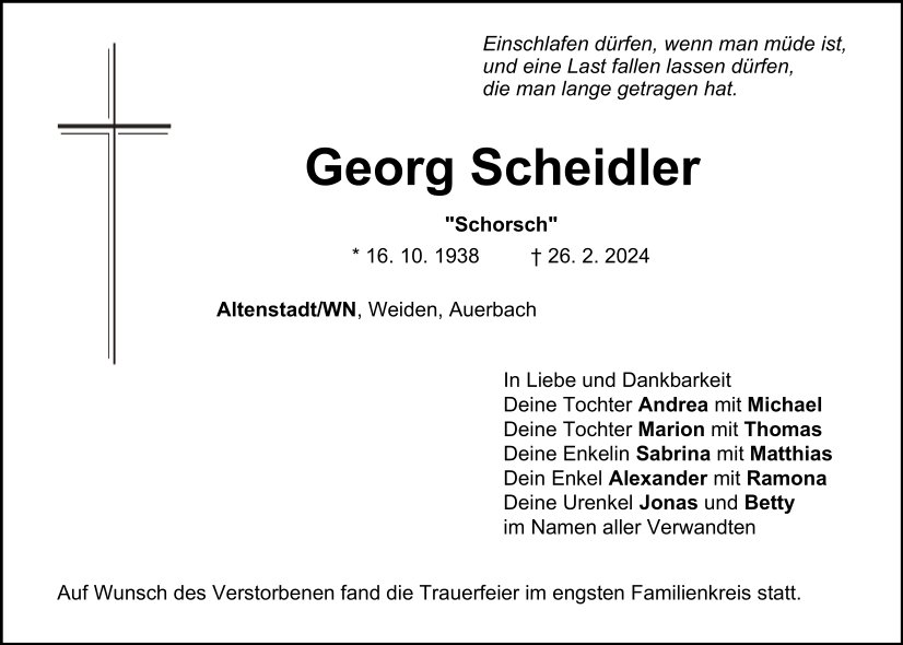 Traueranzeige Georg Scheidler, Altenstadt/WN