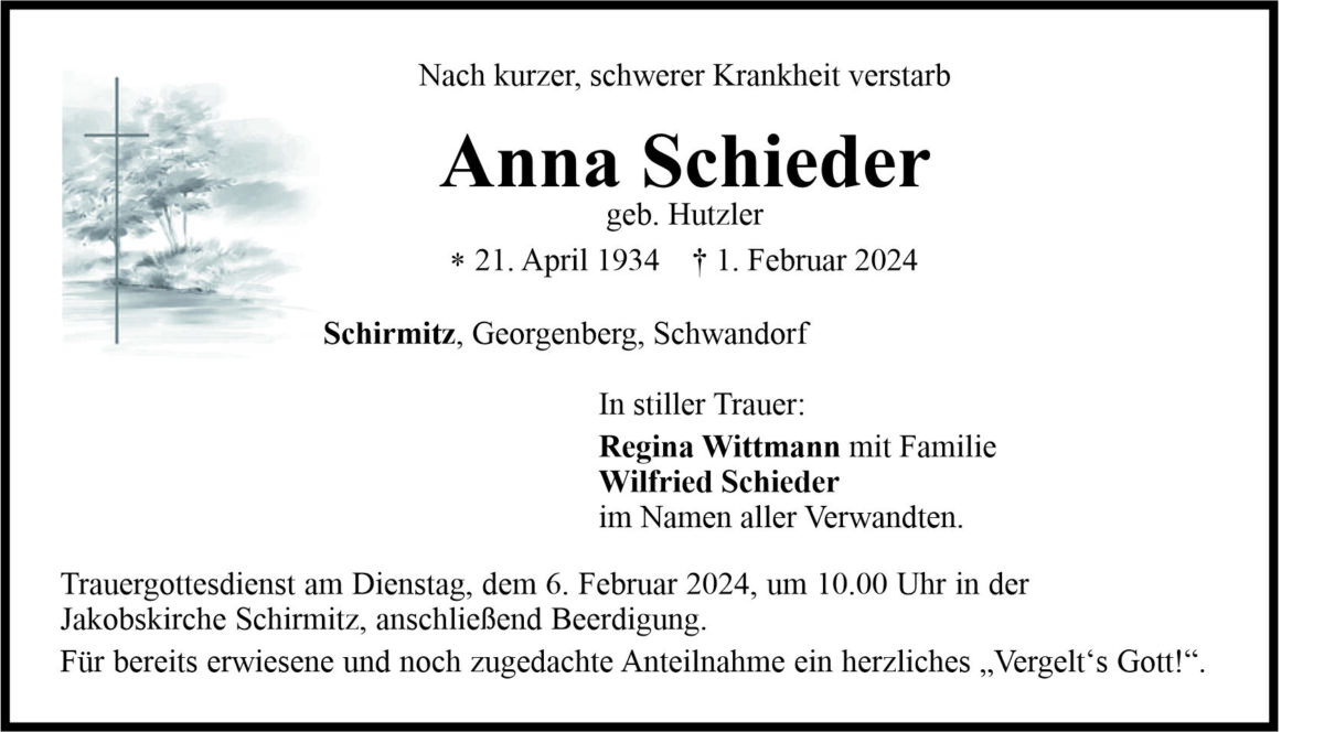 Traueranzeige Anna Schieder, Schirmitz