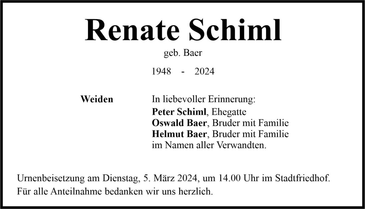 Traueranzeige Renate Schiml, Weiden