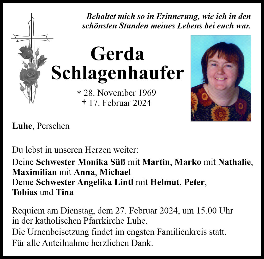 Traueranzeige Gerda Schlagenhaufer, Luhe