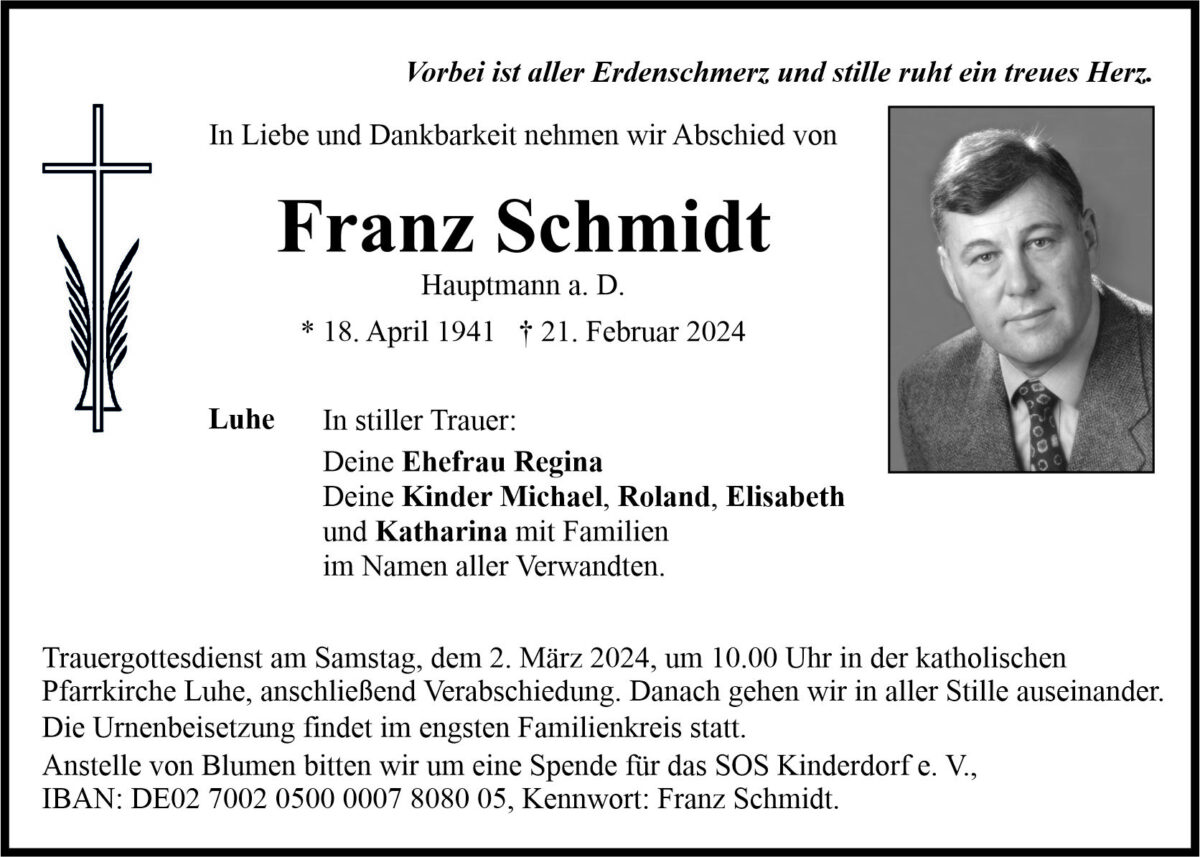 Traueranzeige Franz Schmidt, Luhe