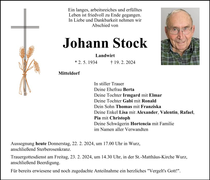Traueranzeige Johann Stock, Mitteldorf