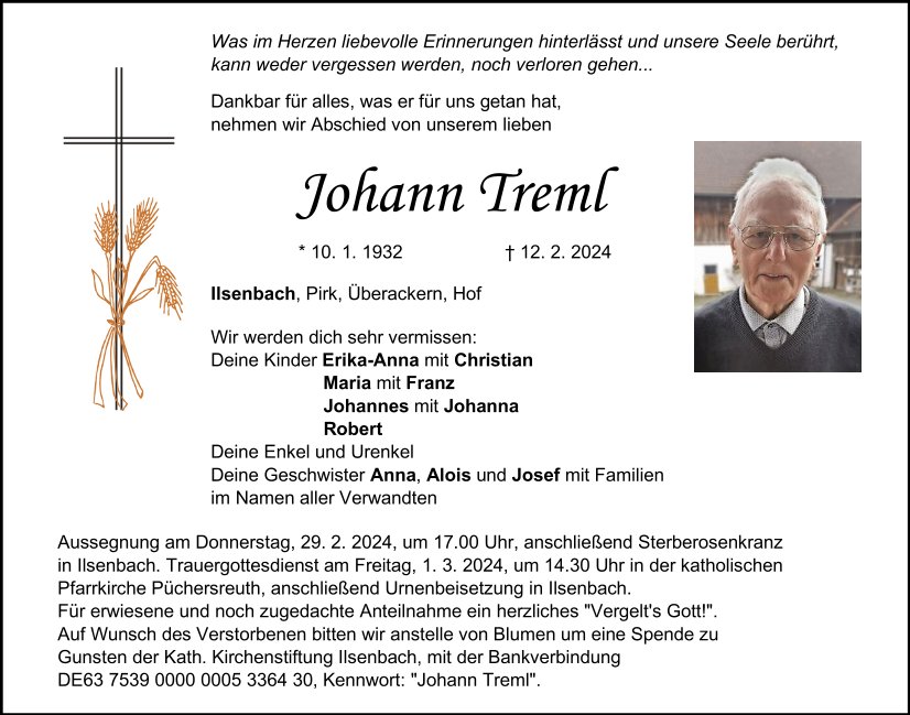 Traueranzeige Johann Treml, Ilsenbach