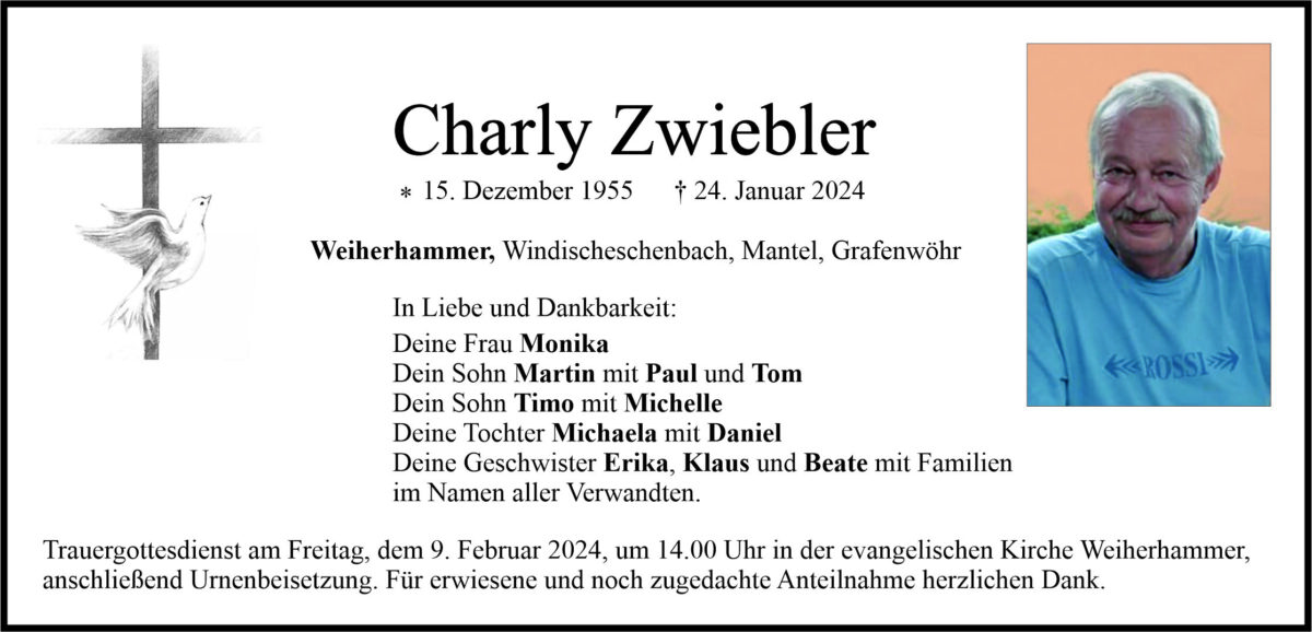Traueranzeige Charly Zwiebler, Weiherhammer