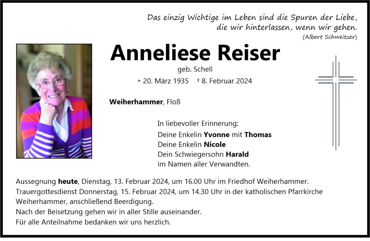 Traueranzeige Anneliese Reiser, Weiherhammer