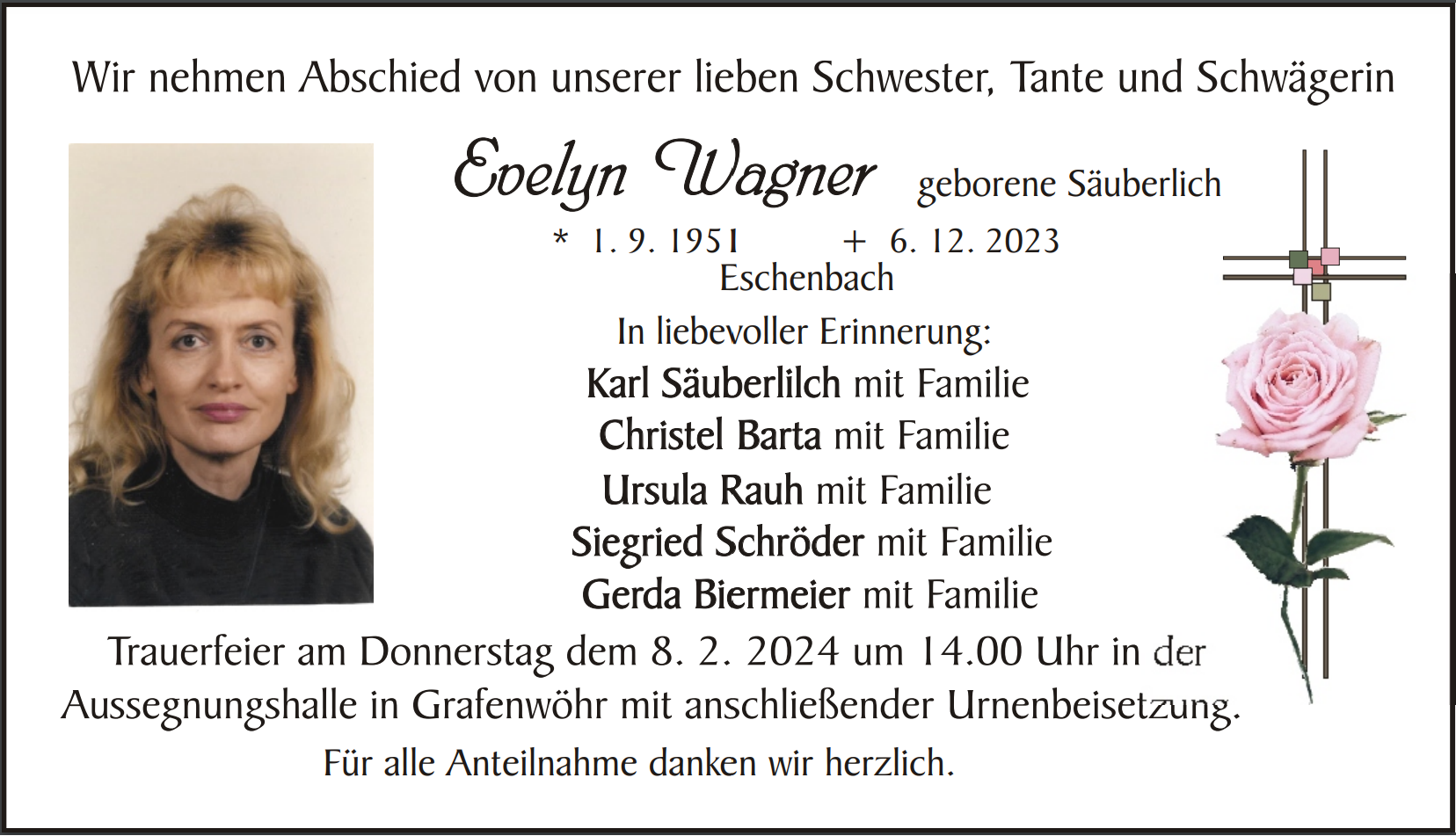 Traueranzeige Evelyn Wagner, Eschenbach