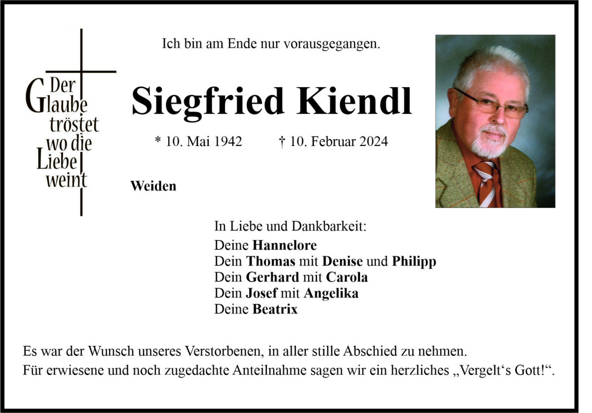 Traueranzeige Siegfried Kiendl, Weiden